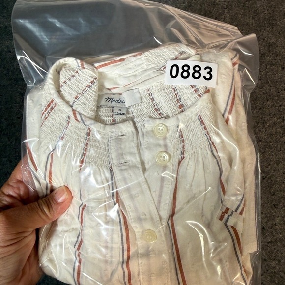 Madewell Smocked Button Front Striped Swiss Dot Top White Brown Blue Small - Picture 9 of 9